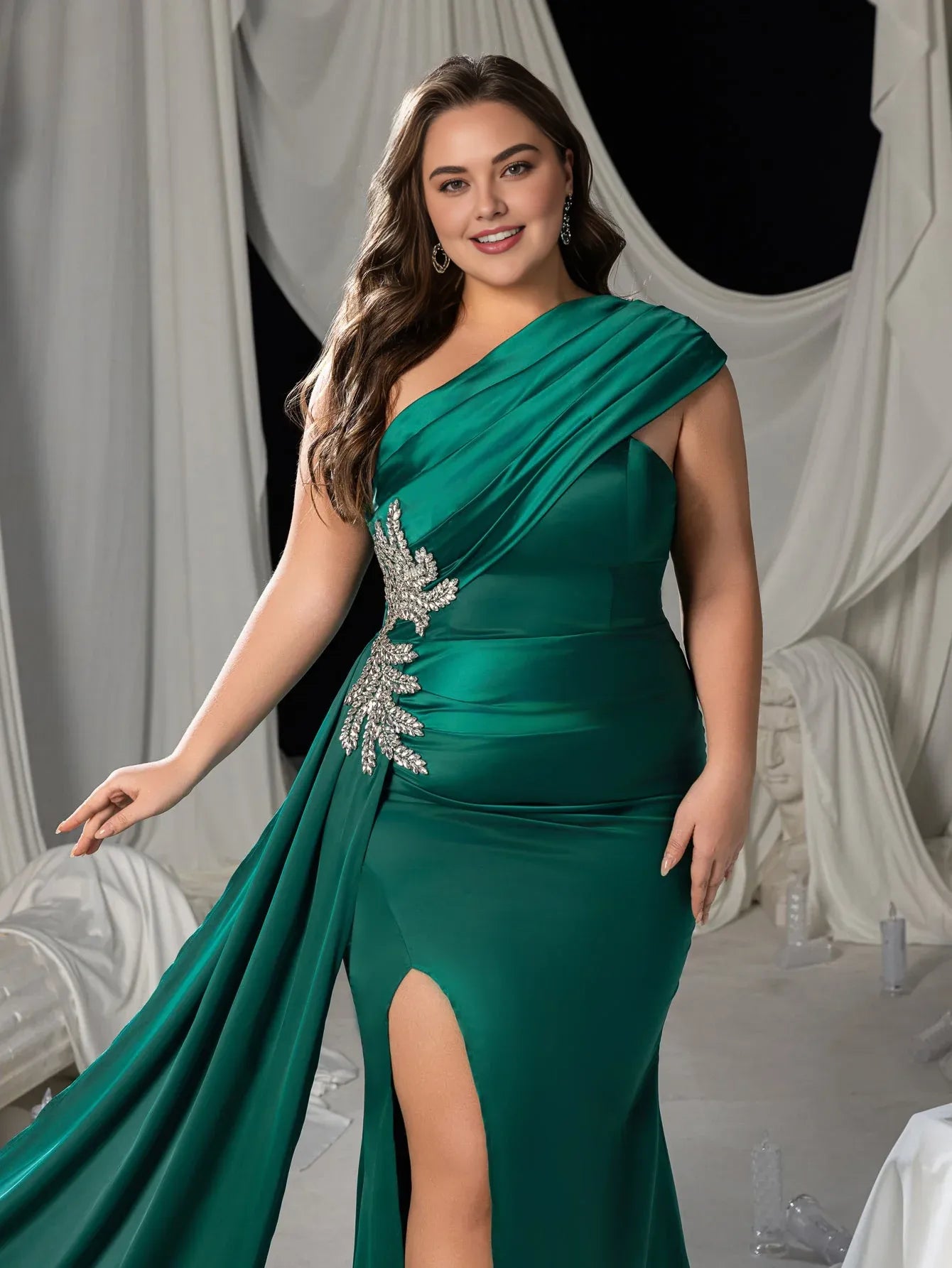 Pretty Mermaid One-Shoulder Sleeveless Zipper Up Floor-Length Plus Size Prom Dress